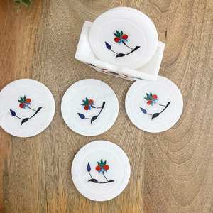 White Marble Coaster Set Square 4x4 Inch With <b>Metal</b> Inlay Set Of 6 With Stand - Product Image 1