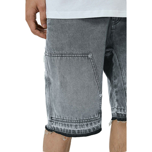 Venta al por mayor de doble rodilla parche Baggy Jorts Street Raw Edge Hem Washed Denim Shorts Hombres Casual Vintage Custom Jeans Shorts Hombres - Product Image 3