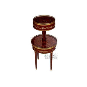 Table d'appoint ronde unique en acajou avec rangement à deux niveaux et portes latérales rotatives, accents en laiton doré ornés pour un décor luxueux - Product Image 1