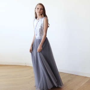 Vestido Maxi de Tul con Lentejuelas Plateadas y Grises, Corte en A, Sin Mangas, Espalda Descubierta y Cintura Natural, en Oferta a 1099 - Product Image 2
