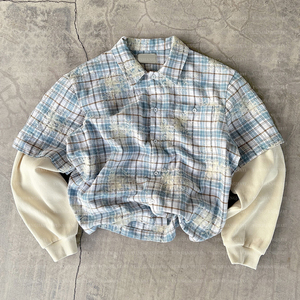 เสื้อเชิ้ตผ้าสักหลาดลายสก็อตแขนยาวสองชั้นสไตล์วินเทจทรงหลวมโอเวอร์ไซส์พิมพ์ลายไม่ยับ - Product Image 1