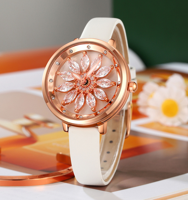 SKMEI 2268 Rose Gold Zinc Alloy Rotating Stone Dial Case Elegant Leather Quartz Watch Women