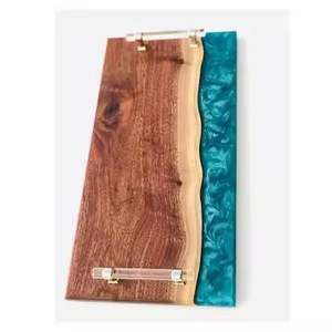 Bandeja de servicio de madera y resina azul hecha a mano de lujo Bandeja decorativa de desayuno de madera de alta calificación para restaurante y bandeja decorativa para el hogar - Product Image 6