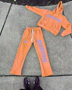 ชุดวอร์มสองชิ้นสำหรับผู้ชายสำหรับฤดูหนาวชุดลายพัฟพร้อมกางเกงทรงบานมีฮู้ดชุดวอร์มสีพื้น - Product Image 3