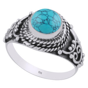 Hermoso anillo de Latón chapado en plata hecho a mano con piedra preciosa turquesa azul para fiesta disponible a granel joyería al por mayor - Product Image 1