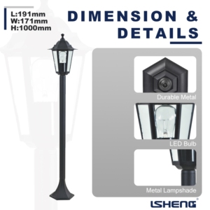 Antik Tarz Dekoratif Alüminyum LED Sokak Lambası E27 Duylu IP44 Su Geçirmez Uzaktan Kumandalı Dış Mekan Bahçe Lambası - Product Image 5