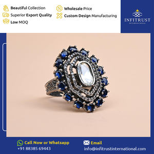 แหวนมอยส์ซอไนต์สำหรับสตรีประดับด้วยเพชรสีเงินและสีฟ้าดีไซน์โบราณใช้เป็นของขวัญแต่งงาน - Product Image 2