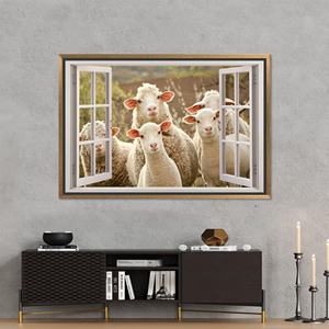Impression sur toile élégante avec motif de mouton dans une ferme - Pièce de décoration artistique, toile encadrée dorée - Product Image 1