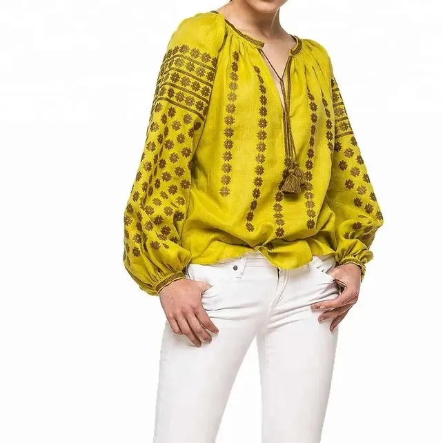 Blusa de algodão de verão para mulheres com mangas compridas bordadas em amarelo ucraniano para lembrancinhas de festas de verão