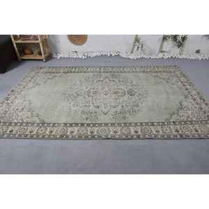 Alfombra turca Vintage de 5,3x8,4 pies, diseño de retales de lana verde y Beige, látex para el hogar, sala de estar, pasillo Rectangular, Tabriz - Product Image 3