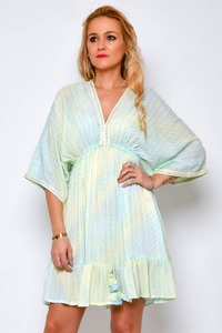 เดรสสั้นดีไซเนอร์สำหรับผู้หญิงชุดเดรสสั้นเอวสูงผ้าเรยอนลูเร็กซ์แขนสั้นพร้อมลูกไม้ชุดเดรสคอวีสำหรับงานปาร์ตี้และรีสอร์ตลำลอง - Product Image 3