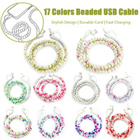 Câble de données USB 4 en 1 élégant, décoré de perles irisées, effet dégradé brillant, ornement perlé, cordon de charge pour téléphone portable