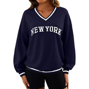 Sweat-shirt surdimensionné à col en V pour femmes pull décontracté à coupe ample avec poignets rayés et ourlet en mélange de coton doux Streetwear Fashion - Product Image 5