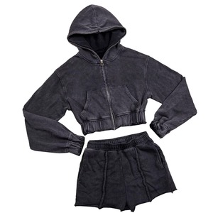 <b>Top</b> Quality Women's Crop Hoodie shorts Set Acid Wash Tracksuit Two Piece Set Cotton Fleece Hooded Long Sleeve Autumn Women's Set - Product Image 4