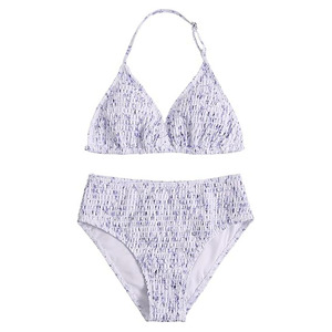 Womens Two Piece <b>Bikini</b> Set Halter <b>Top</b> High Waist Bottoms Digital Print Ruched Stretch Swimwear Patterned Purple <b>White</b> Bathing - Product Image 6