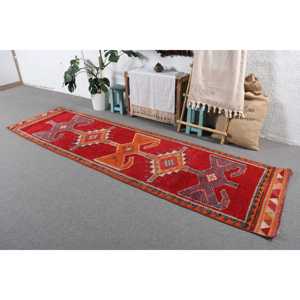 Vintage Turkish <b>Runner</b> Rug 3x10.4 ft (91x318 cm), <b>Red</b> Ombr Herki Rug - Product Image 2