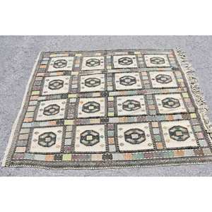 Tapis turc Vintage traditionnel Beige noir 4.3 X 5.4ft fait à la main Patchwork Design laine Polyester matériel avec Latex pour chambre - Product Image 4