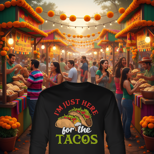 T-shirt à manches longues « I'm Just Here For The Tacos », design à thème alimentaire mexicain, col rond unisexe, vêtements promotionnels pour adultes - Product Image 3