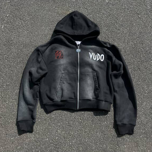 Sweat à capuche personnalisé pour hommes 450GSM Heavyweight Crop Hoodie Sun Faded Wash Boxy Fit with Metal Zipper Embroidery Logo Cotton Fleece Hoodie - Product Image 4