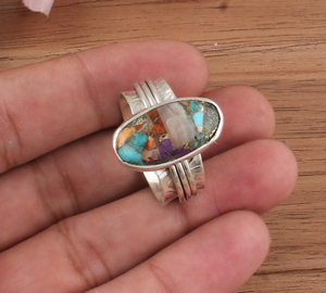 Bague en argent sterling 925 avec turquoise cuivrée naturelle et coquille d'huître épineuse, large bande, pour femmes, vente en gros, fabrication artisanale - Product Image 2