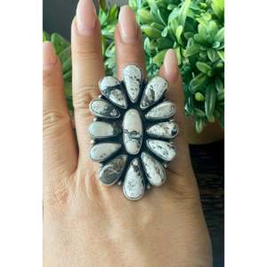 Navajo Handmade Sterling <b>Silver</b> <b>Ring</b> with Natural White Buffalo Stone Bezel Set <b>Boho</b> Style Adjustable Size 7.25 - Product Image 2