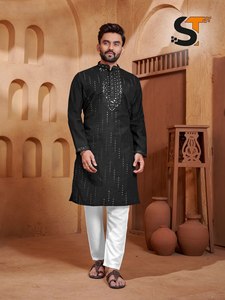 Wedding Wear Roman Silk With Embroidery <b>Mirror</b> Work Mens Kurta Pajama Manufacturer From India At Lowest Rate For Sale - Product Image 3