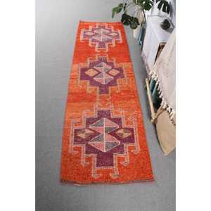 Alfombra Vintage Estilo Runner de 2.9x10.1 pies, Alfombra de Lana con Puntos Naranja y Morado - Product Image 1