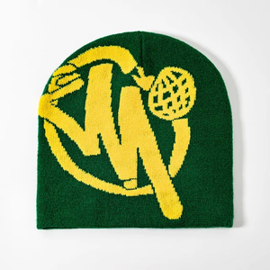 Gorro deportivo con estampado completo para hombre y mujer con logotipo personalizado al por mayor, gorro de calavera acrílico, gorro de invierno holgado de Jacquard con puños - Product Image 2
