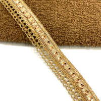 Vente en gros de garnitures en dentelle jacquard métallique crochetée de haute qualité, couleur personnalisée, avec perles dorées et strass, lavables, pour vêtements et chaussures