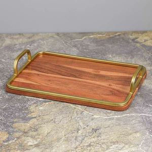Ensemble de plateaux de service en bois faits à la main avec des poignées en métal doré, plateau rectangulaire de luxe pour la nourriture, les boissons, la décoration de la maison, l'hôtel et les cadeaux - Product Image 2