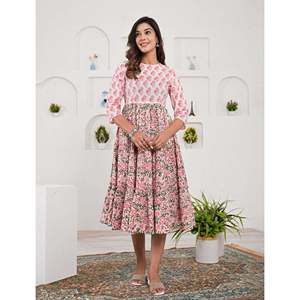 Vestido Casual Beige de Algodón Estampado, Transpirable, Talla XS, Diseño Personalizado, Largo hasta el Suelo, Elegante para Eventos Diurnos y Uso en el Hogar, Natural - Product Image 1