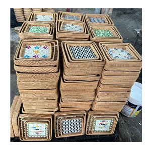 Plateau de service en rotin fait main écologique avec incrustation de nacre, plateau tissé pour la décoration de la maison - Product Image 5