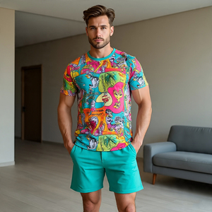 OEM Printed T Shirt Shorts Two Piece Set <b>Men's</b> 100% Cotton Print Shorts Sleeve Tee Shorts Sets <b>Mens</b> - Product Image 3