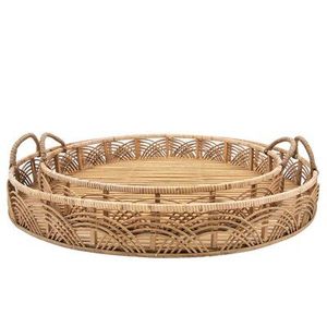 Handmade Decorative Rattan Jute <b>Serving</b> <b>Tray</b> With Bone Inlay Finishing Set of 3 <b>Rounded</b> Shape Food Server <b>Tray</b> - Product Image 4