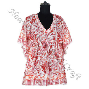 100% algodón Mujer ropa de dormir bloque de mano estampado Kaftan vestido KFCS081 peso ligero mujeres Casual ocasión desgaste corto caftán vestido - Product Image 2