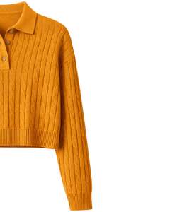 Suéter Corto de Punto Trenzado Color Amarillo Mostaza Personalizado para Mujer, Manga Larga, Cuello con Botones, Dobladillo Acanalado, Prenda de Punto Informal para Invierno - Product Image 4