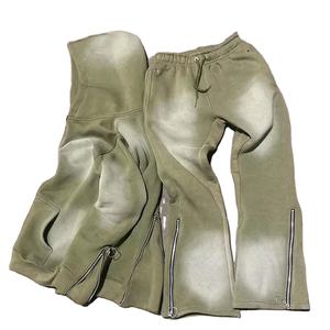 Chándales con parche de lavado ácido de algodón 100%, bordado de apliques desgastados personalizados con conjunto de Sudadera con capucha y cremallera recortada de trabajo Rishtone - Product Image 1