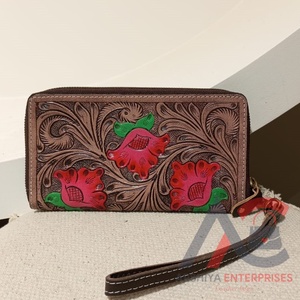 Cartera de cuero con cremallera occidental con pelo en cuero genuino metálico, tarjetero para mujer, Cartera de mano, bolso de mano Floral para mujer - Product Image 2