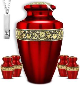 Juego de 6 urnas de recuerdo de cremación para adultos redondas de aluminio grabadas en rojo metálico contemporáneo de 10 "para restos humanos cenizas funerarias - Product Image 1