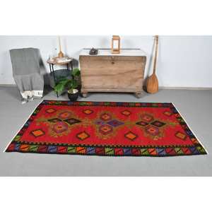Vintage Turkish Large Area Rug 3.8 X 7.2 ft <b>Red</b> Boho Style Patchwork Design <b>Wool</b> Material 10mm Latex for Hallway Room Decor - Product Image 1