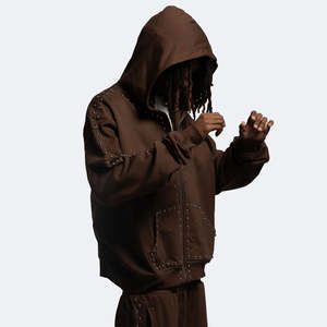 Vente en gros de survêtements pour hommes à la mode avec cordon de serrage en strass noir marron 100% coton polaire logo personnalisé hiver épaule tombante - Product Image 2