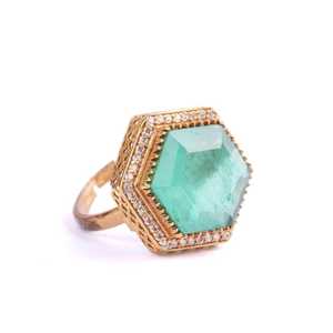 Anillo de Cóctel Hexagonal de Plata de Ley 925 con Piedra Verde y Diseño Vintage Chapado en Oro - Product Image 4