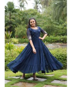 Indian Ethnic Wear Faux Blooming with Embroidery Zari Sequins Work Anarkali Readymade Gowns with Plus Size Available for Women - Product Image 1