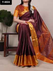 Ropa étnica india Poly Cotton Elegance con Chex y Zari Weaving Work Borders Saree con el mismo diseño Blusa Piezas para mujer - Product Image 3