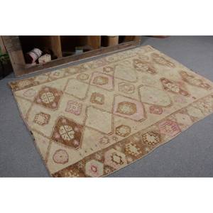 Authentic Vintage Turkish <b>Wool</b> Rug Beige <b>Brown</b> Patchwork Design 4ft 9in X 6ft 7in Medium Pile Latex Eco Friendly Traditional - Product Image 5