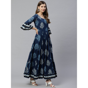 Anarkali Kurta estampado azul y blanco Tiene un cuello redondo mangas tres cuartos acampanado 100% algodón traje étnico indio - Product Image 3