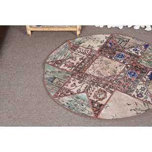 Alfombra turca Vintage hecha a mano grande de 3,4x3,4 pies de lana Beige con patrón de retales de respaldo de látex para decoración de pasillo o habitación - Product Image 5