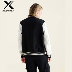 ELEVATEX Women's Varsity Jacket Black White Letter R Front Full Sleeve Turn-down Collar Polyester Cotton Autumn Wear - Product Image 5