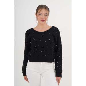Pull noir brodé rose pour femme avec design dos nu, vente en gros - Product Image 3