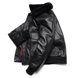 Veste de pilote à col montant en cuir de mouton véritable pour homme, tissu en toile, manteau de moto chaud et respirant pour l'hiver - Product Image 4